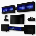 Foggia RTV Möbel Set, Schwarz/Schwarz LED Beleuchtung Blau