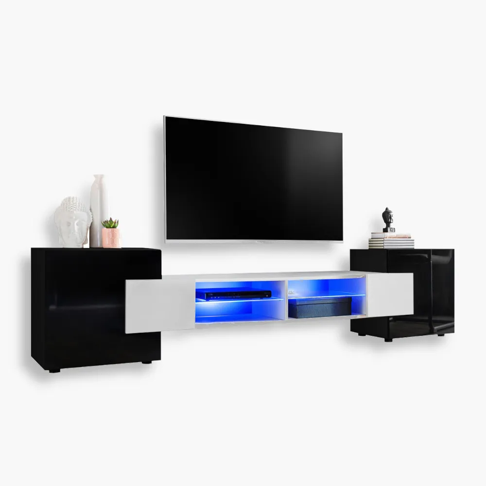 Merano-Blu-Black-White-Black-1.webp TV Schrank Merano, Schwarz/Weiß LED-Beleuchtung Blau – Bild 1