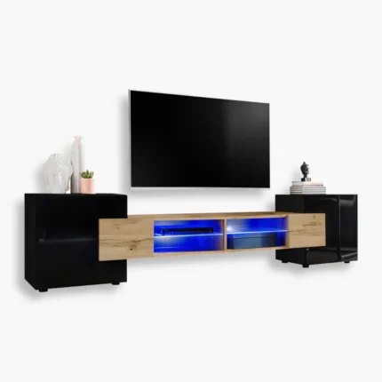 TV Schrank Merano, Wotan/Schwarz LED-Beleuchtung Blau