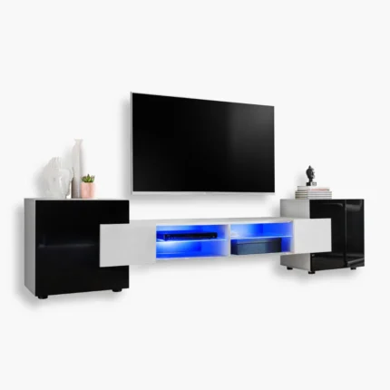 Armoire RTV Merano, blanc/noir Eclairage LED bleu