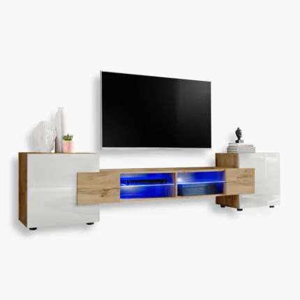 TV Schrank Merano, Wotan/Weiß LED Beleuchtung Blau
