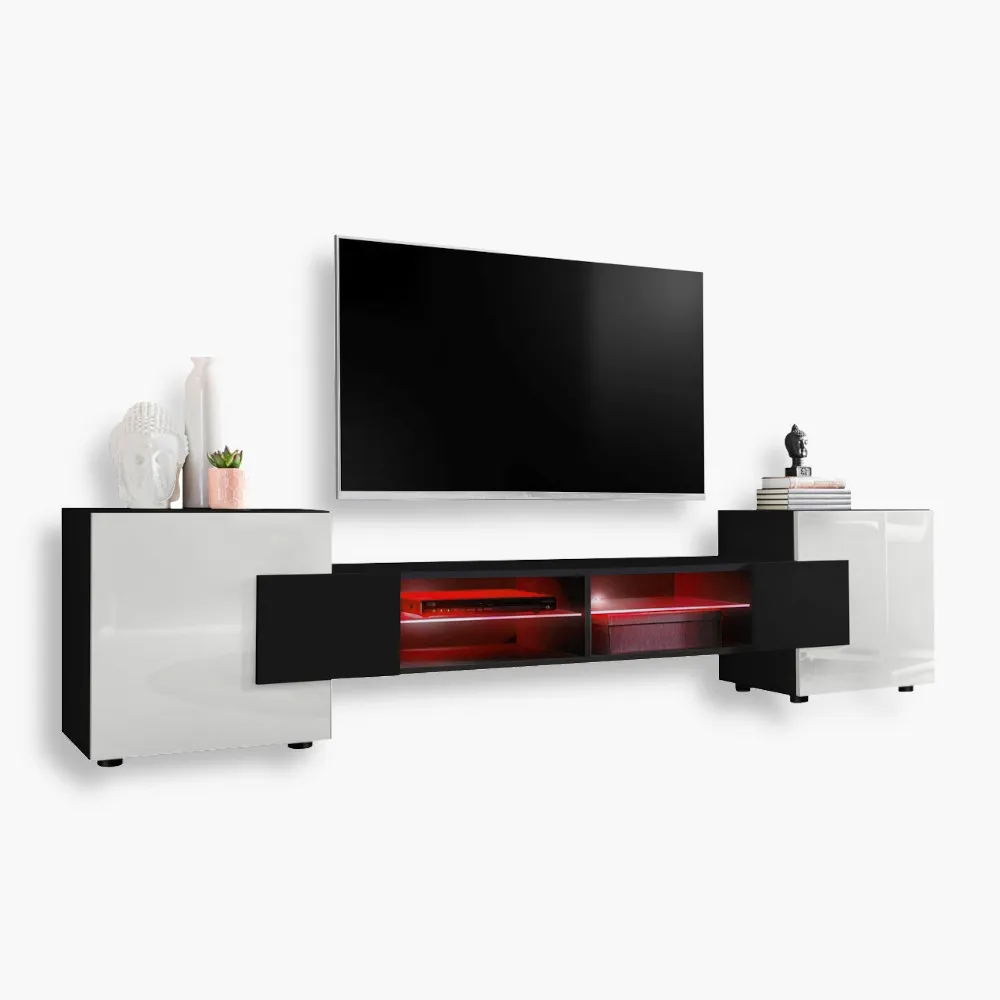 Merano RGB Black-Black-White Szafka RTV Merano, Czarny/Biały Oświetlenie LED RGB - obrazek 1
