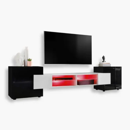 Armoire RTV Merano, noir/blanc, éclairage LED RVB