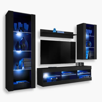 Tivoli Medio RTV Möbel Set, Schwarz/Schwarz LED Beleuchtung Blau