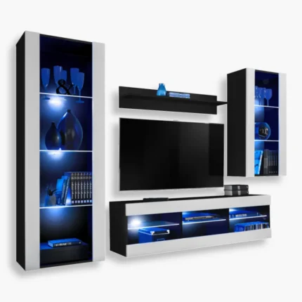 Tivoli Medio RTV Möbel Set, Weiß/Schwarz LED-Beleuchtung Blau