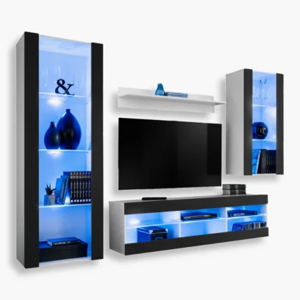 Tivoli Medio RTV Möbel Set, Schwarz/Weiß LED-Beleuchtung Blau