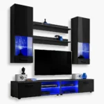 Varallo RTV Möbel Set, Schwarz/Schwarz LED Beleuchtung Blau
