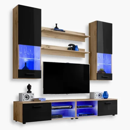 Varallo RTV Möbel Set, Schwarz/Wotan LED Beleuchtung Blau