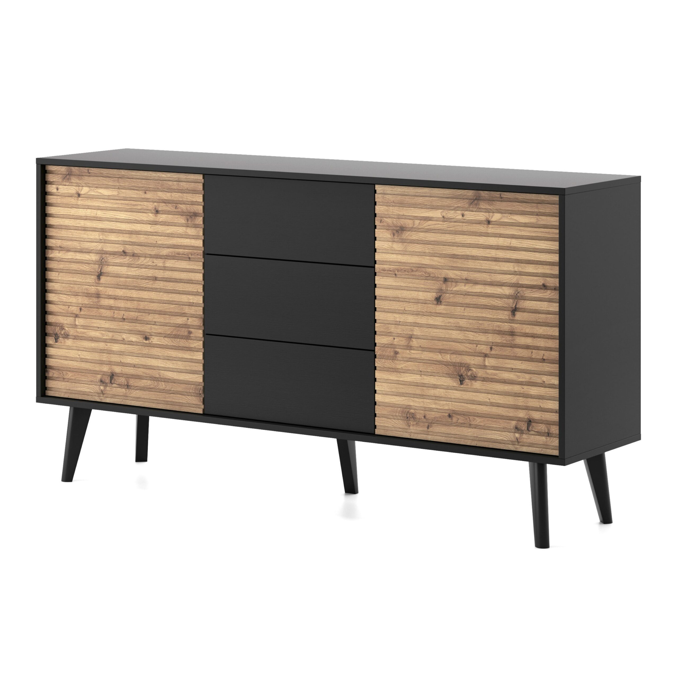 XMEBSKRKOMPI00301102_01-1.jpg Saskatoon KSZ154 – commode à deux portes, noir, chêne artisanal, largeur 154 cm, hauteur 83 cm, profondeur 39 cm – Image 1
