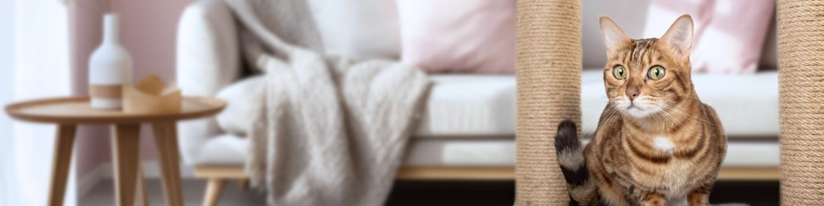 Kot na podłodze przy drapaku