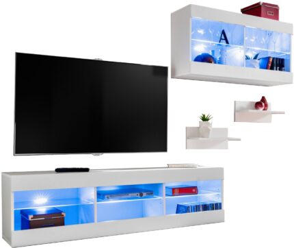 Komodee, Zestaw, Meblościanka, Tivoli SET3, Biały/Biały, Szerokość 240cm x Wysokość 159cm x Głębokość 35cm, LED Niebieskie, do Salonu, Sypialni