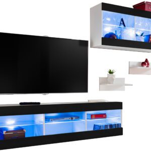 Komodee, Zestaw, Meblościanka, Tivoli SET3, Biały/Czarny, Szerokość 240cm x Wysokość 159cm x Głębokość 35cm, LED Niebieskie, do Salonu, Sypialni