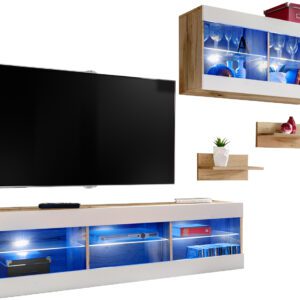 Komodee, Zestaw, Meblościanka, Tivoli SET3, Wotan/Biały, Szerokość 240cm x Wysokość 159cm x Głębokość 35cm, LED Niebieskie, do Salonu, Sypialni