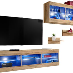 Set, Meubles, Tivoli SET3, Wotan/Wotan,
  Largeur 240cm x Hauteur 159cm x Profondeur 35cm, LED Bleu, pour Salon,
  Chambre à coucher