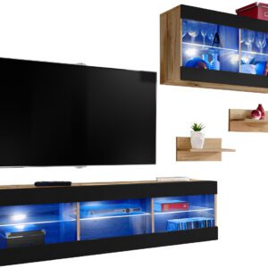 Komodee, Zestaw, Meblościanka, Tivoli SET3, Wotan/Czarny, Szerokość 240cm x Wysokość 159cm x Głębokość 35cm, LED Niebieskie, do Salonu, Sypialni