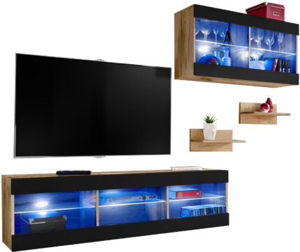  Set, Meubles, Tivoli SET3, Noir/Noir,
  Largeur 240cm x Hauteur 159cm x Profondeur 35cm, LED Bleu, pour Salon,
  Chambre à coucher