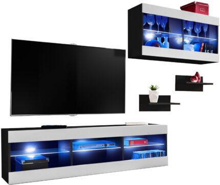 Set Möbel, Tivoli SET3, Schwarz/Weiß, Breite 240cm x Höhe 159cm x Tiefe 35cm, LED Blau, für Wohnzimmer, Schlafzimmer
