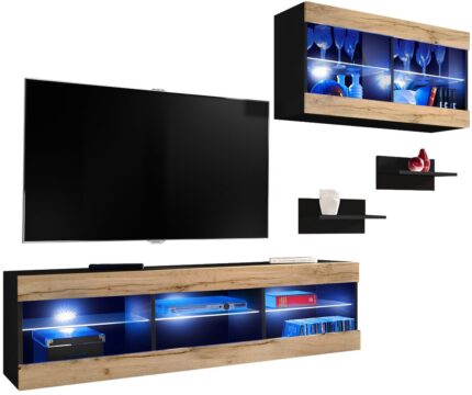 Set Möbel, Tivoli SET3, Schwarz/Wotan, Breite 240cm x Höhe 159cm x Tiefe 35cm, LED Blau, für Wohnzimmer, Schlafzimmer