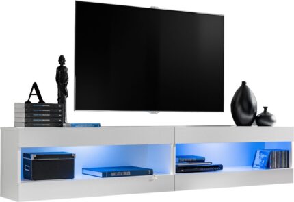 Komodee, Zestaw, Meblościanka, Tivoli SET4, Biały/Biały, Szerokość 200cm x Wysokość 41cm x Głębokość 35cm, LED Niebieskie, do Salonu, Sypialni