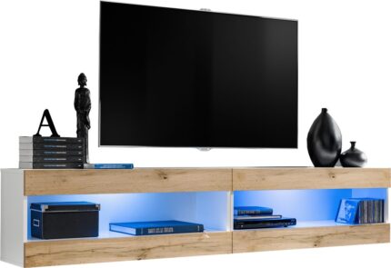 Komodee, Zestaw, Meblościanka, Tivoli SET4, Biały/Wotan, Szerokość 200cm x Wysokość 41cm x Głębokość 35cm, LED Niebieskie, do Salonu, Sypialni