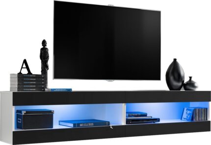 Komodee, Zestaw, Meblościanka, Tivoli SET4, Biały/Czarny, Szerokość 200cm x Wysokość 41cm x Głębokość 35cm, LED Niebieskie, do Salonu, Sypialni