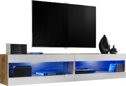 Komodee, Zestaw, Meblościanka, Tivoli SET4, Wotan/Biały, Szerokość 200cm x Wysokość 41cm x Głębokość 35cm, LED Niebieskie, do Salonu, Sypialni