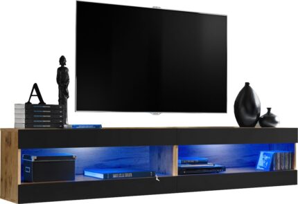 Komodee, Zestaw, Meblościanka, Tivoli SET4, Wotan/Czarny, Szerokość 200cm x Wysokość 41cm x Głębokość 35cm, LED Niebieskie, do Salonu, Sypialni