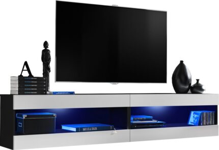 Komodee, Zestaw, Meblościanka, Tivoli SET4, Czarny/Biały, Szerokość 200cm x Wysokość 41cm x Głębokość 35cm, LED Niebieskie, do Salonu, Sypialni