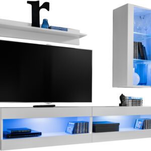  Set, Möbel, Tivoli SET5, Weiß/Weiß, Breite
  200cm x Höhe 195cm x Tiefe 35cm, LED Blau, für Wohnzimmer, Schlafzimmer