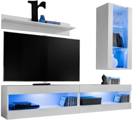 Komodee, Zestaw, Meblościanka, Tivoli SET5, Biały/Biały, Szerokość 200cm x Wysokość 195cm x Głębokość 35cm, LED Niebieskie, do Salonu, Sypialni