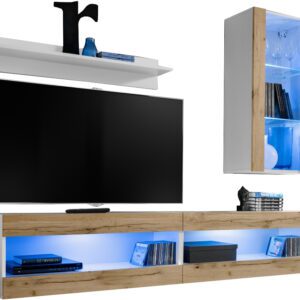 Komodee, Zestaw, Meblościanka, Tivoli SET5, Biały/Wotan, Szerokość 200cm x Wysokość 195cm x Głębokość 35cm, LED Niebieskie, do Salonu, Sypialni