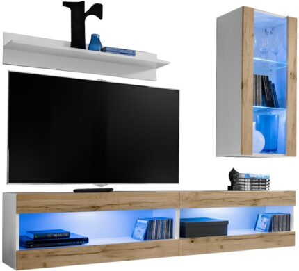  Set, Möbel, Tivoli SET5, Weiß/Wotan, Breite
  200cm x Höhe 195cm x Tiefe 35cm, LED Blau, für Wohnzimmer, Schlafzimmer