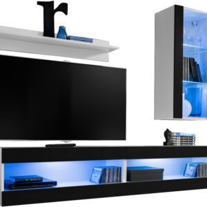 Komodee, Zestaw, Meblościanka, Tivoli SET5, Biały/Czarny, Szerokość 200cm x Wysokość 195cm x Głębokość 35cm, LED Niebieskie, do Salonu, Sypialni