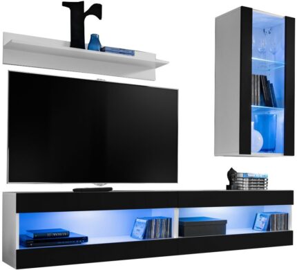  Set, Möbel, Tivoli SET5, Weiß/Schwarz,
  Breite 200cm x Höhe 195cm x Tiefe 35cm, LED Blau, für Wohnzimmer,
  Schlafzimmer