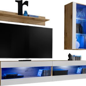 Komodee, Zestaw, Meblościanka, Tivoli SET5, Wotan/Biały, Szerokość 200cm x Wysokość 195cm x Głębokość 35cm, LED Niebieskie, do Salonu, Sypialni