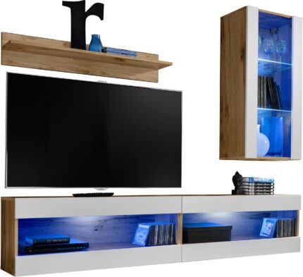 Komodee, Zestaw, Meblościanka, Tivoli SET5, Wotan/Biały, Szerokość 200cm x Wysokość 195cm x Głębokość 35cm, LED Niebieskie, do Salonu, Sypialni