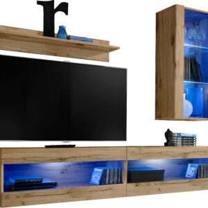 Komodee, Zestaw, Meblościanka, Tivoli SET5, Wotan/Wotan, Szerokość 200cm x Wysokość 195cm x Głębokość 35cm, LED Niebieskie, do Salonu, Sypialni