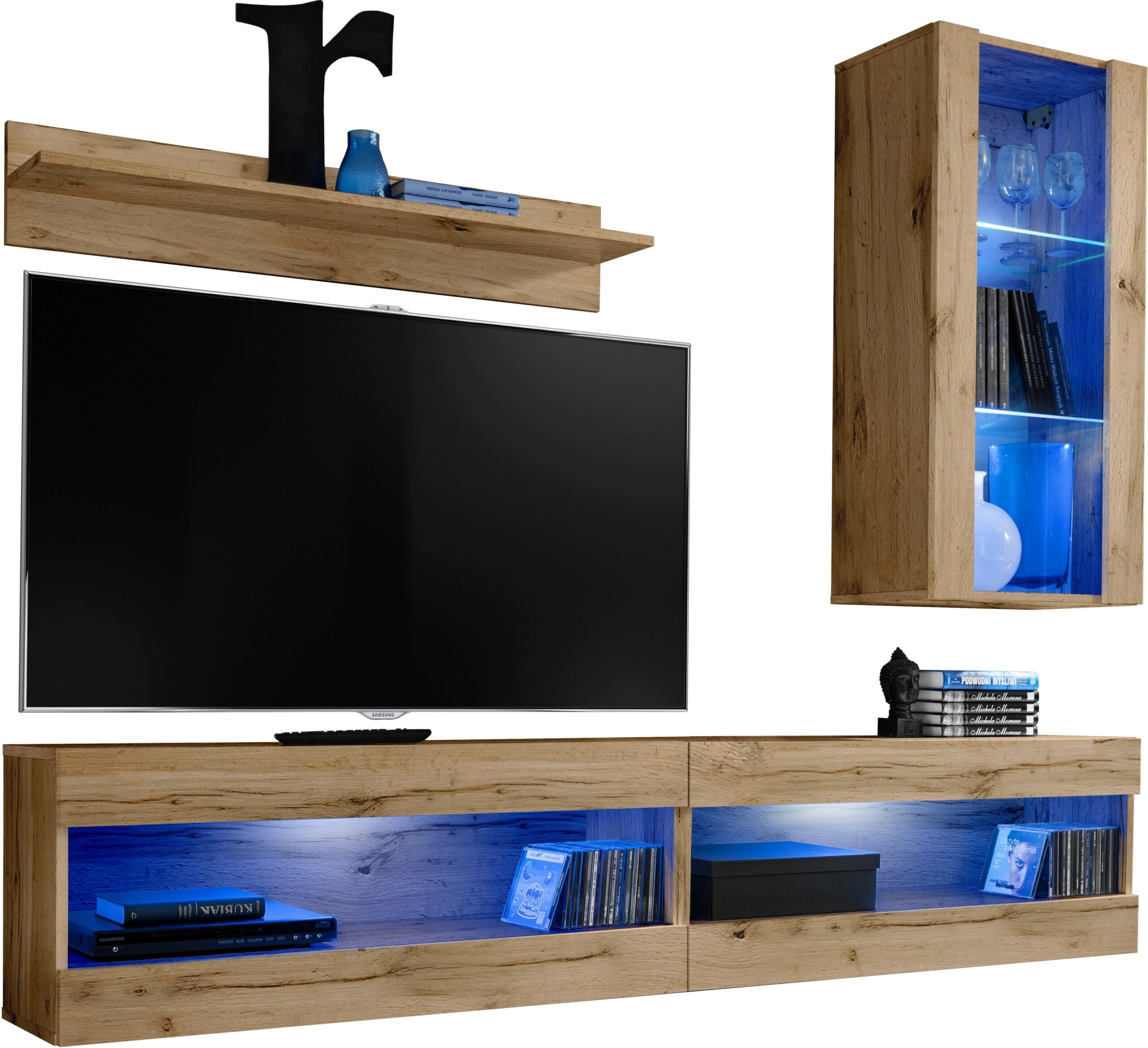 ISETR164W044W04L1XXX_00.jpg Komodee, Zestaw, Meblościanka, Tivoli SET5, Wotan/Wotan, Szerokość 200cm x Wysokość 195cm x Głębokość 35cm, LED Niebieskie, do Salonu, Sypialni - obrazek 1