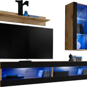 Set,
  Meubles, Tivoli SET5, Wotan/Noir, Largeur 200cm x Hauteur 195cm x Profondeur
  35cm, LED Bleu, pour Salon, Chambre à coucher
