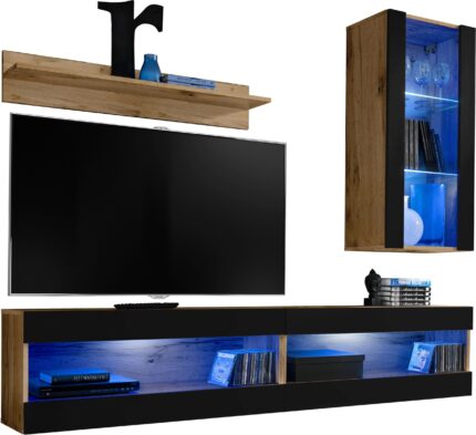 Komodee, Zestaw, Meblościanka, Tivoli SET5, Wotan/Czarny, Szerokość 200cm x Wysokość 195cm x Głębokość 35cm, LED Niebieskie, do Salonu, Sypialni