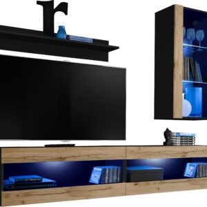 Set,
  Meubles, Tivoli SET5, Black/Wotan, Largeur 200cm x Hauteur 195cm x
  Profondeur 35cm, LED Bleu, pour Salon, Chambre à coucher