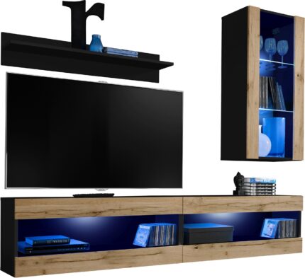 Set,
  Meubles, Tivoli SET5, Black/Wotan, Largeur 200cm x Hauteur 195cm x
  Profondeur 35cm, LED Bleu, pour Salon, Chambre à coucher
