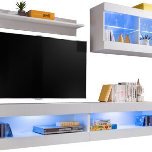  Set, Furniture, Tivoli SET6, Blanc/Blanc,
  Largeur 200cm x Hauteur 195cm x Profondeur 35cm, LED Bleu, pour Salon,
  Chambre à coucher