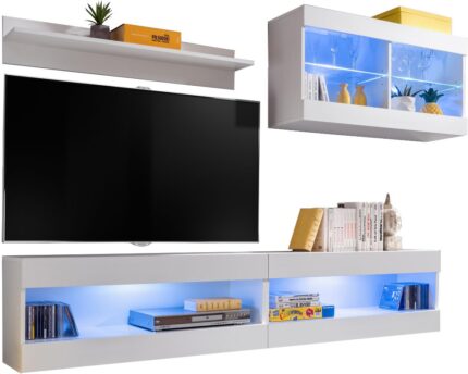  Set, Furniture, Tivoli SET6, Blanc/Blanc,
  Largeur 200cm x Hauteur 195cm x Profondeur 35cm, LED Bleu, pour Salon,
  Chambre à coucher