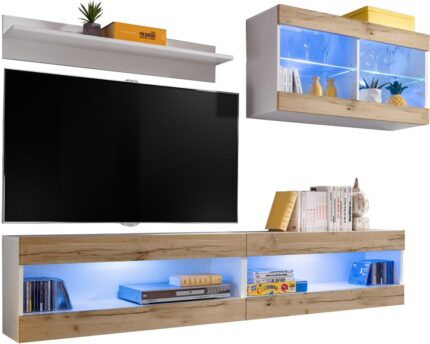 Komodee, Zestaw, Meblościanka, Tivoli SET6, Biały/Wotan, Szerokość 200cm x Wysokość 195cm x Głębokość 35cm, LED Niebieskie, do Salonu, Sypialni