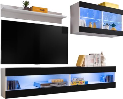  Set, Furniture, Tivoli SET6, Blanc/Noir,
  Largeur 200cm x Hauteur 195cm x Profondeur 35cm, LED Bleu, pour Salon,
  Chambre à coucher