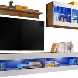  Set, Möbel, Tivoli SET6, Wotan/Weiß, Breite
  200cm x Höhe 195cm x Tiefe 35cm, LED Blau, für Wohnzimmer, Schlafzimmer