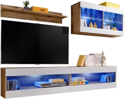  Set, Meubles, Tivoli SET6, Wotan/Blanc,
  Largeur 200cm x Hauteur 195cm x Profondeur 35cm, LED Bleu, pour Salon,
  Chambre à coucher