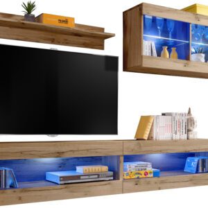 Komodee, Zestaw, Meblościanka, Tivoli SET6, Wotan/Wotan, Szerokość 200cm x Wysokość 195cm x Głębokość 35cm, LED Niebieskie, do Salonu, Sypialni