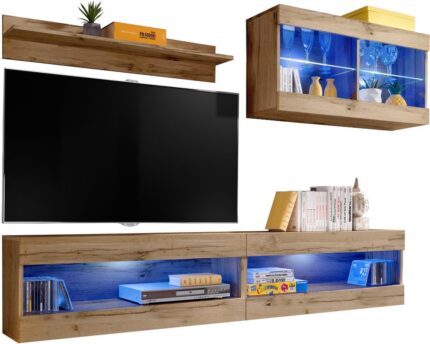 Komodee, Zestaw, Meblościanka, Tivoli SET6, Wotan/Wotan, Szerokość 200cm x Wysokość 195cm x Głębokość 35cm, LED Niebieskie, do Salonu, Sypialni